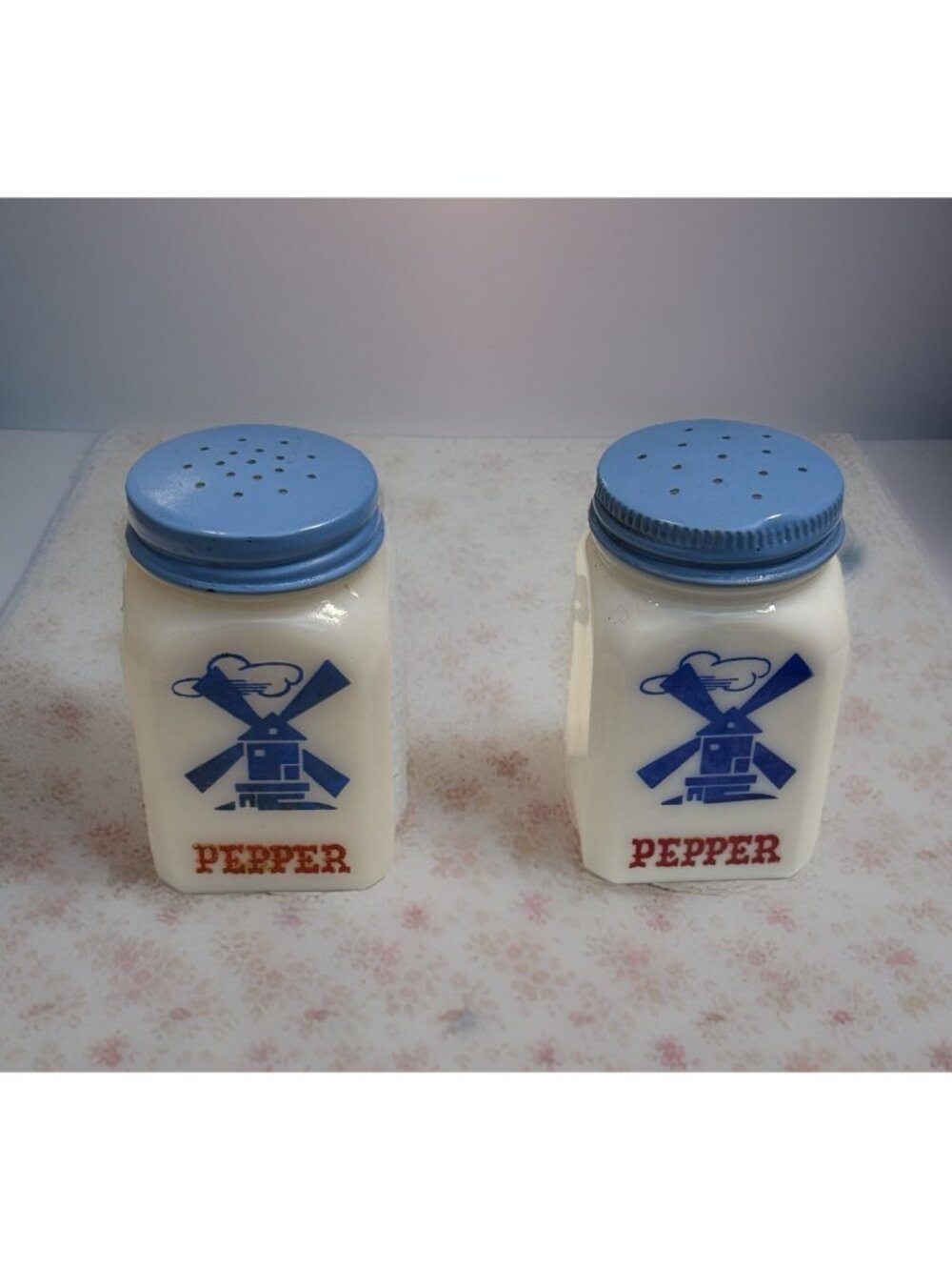 1950’s McKee Dutch Blue Windmill Milk Glass Pepper Shakers w/ Rare Blue Lids MCM
